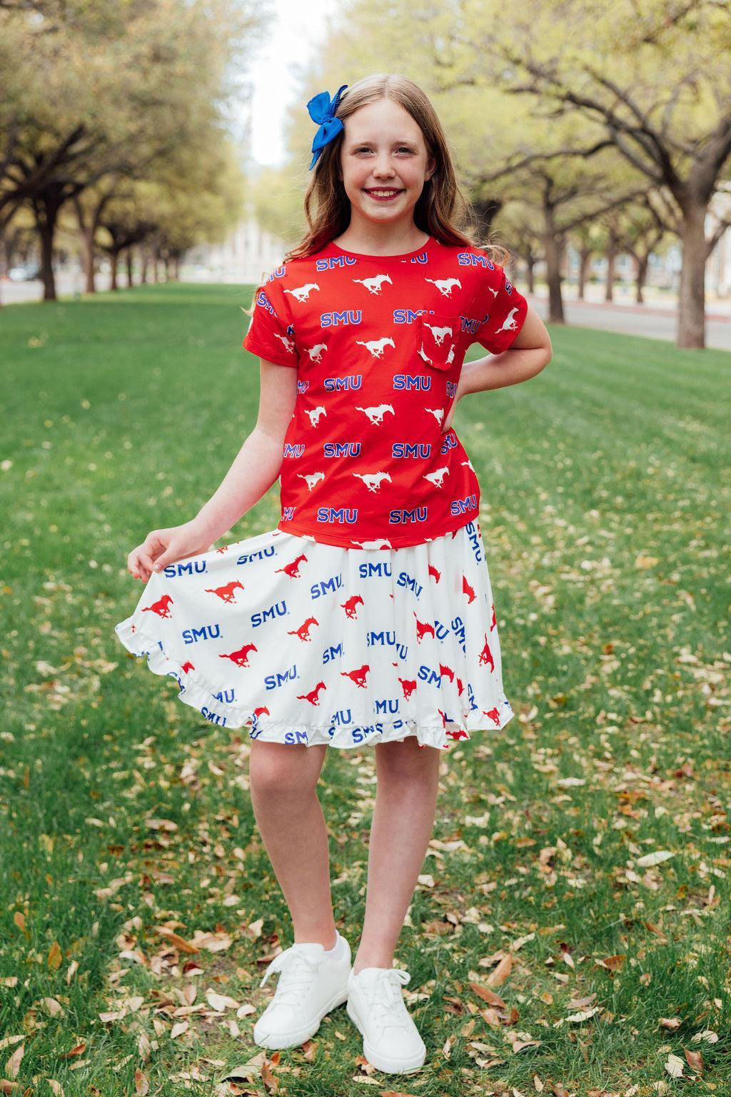 SMU Red Mustang Ruffle Pocket Tee