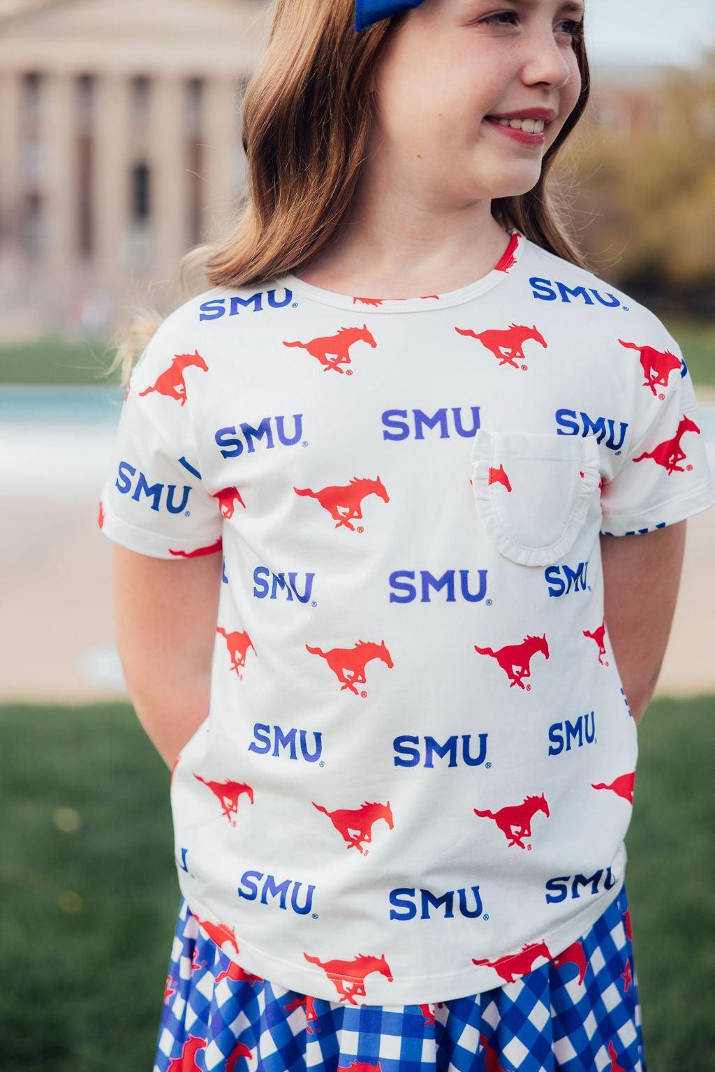 SMU White Mustang Ruffle Pocket Tee