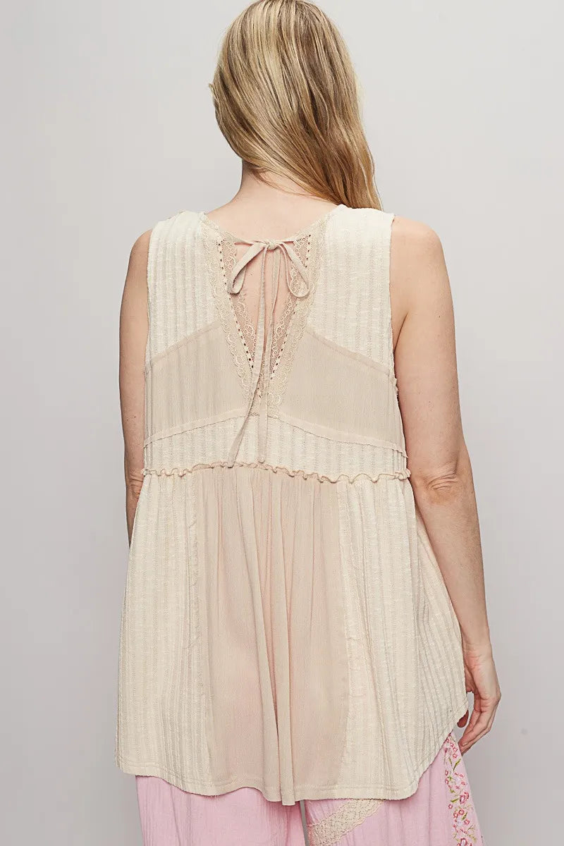 POL Lace Trim Two-Tone Tank with Pintuck Detail