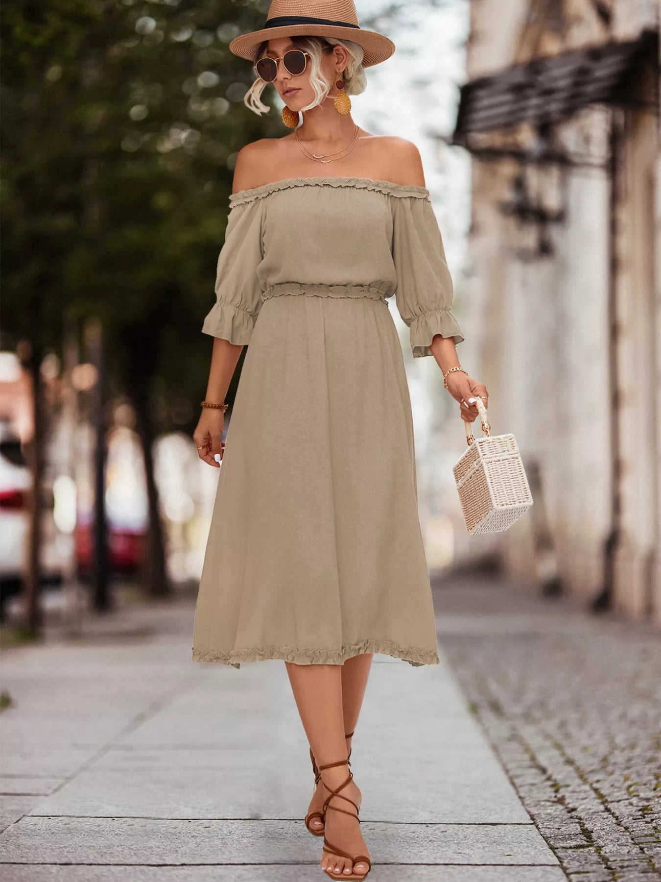 Off-Shoulder Flounce Sleeve Midi Dress
