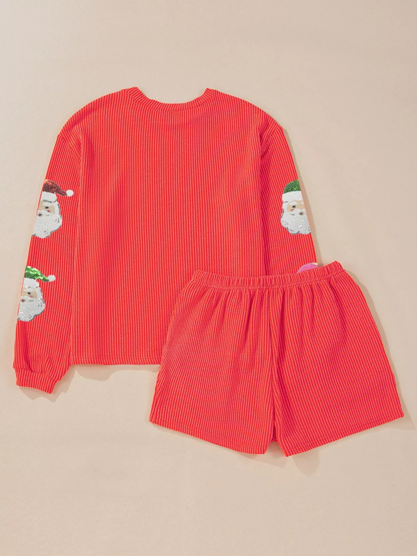Twisted Ribbed Christmas Sequin Patched Top and Shorts Set