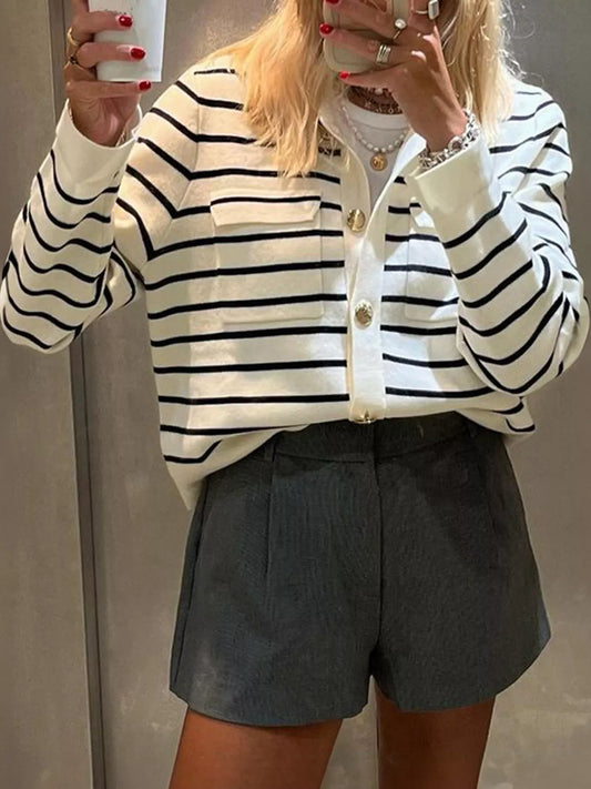 Striped Button-Down Knit Cardigan