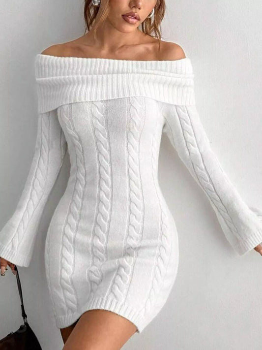 Off-Shoulder Cable Knit Bodycon Sweater Dress