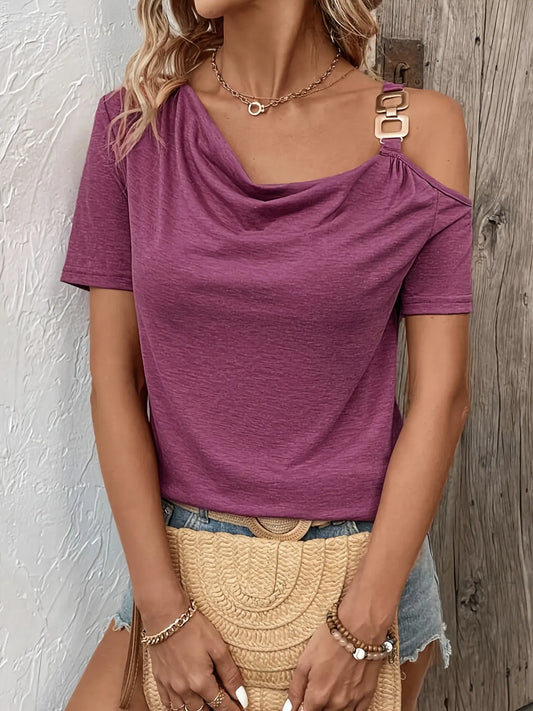 Asymmetric Shoulder T-Shirt with Metal Buckle Detail Fuchsia