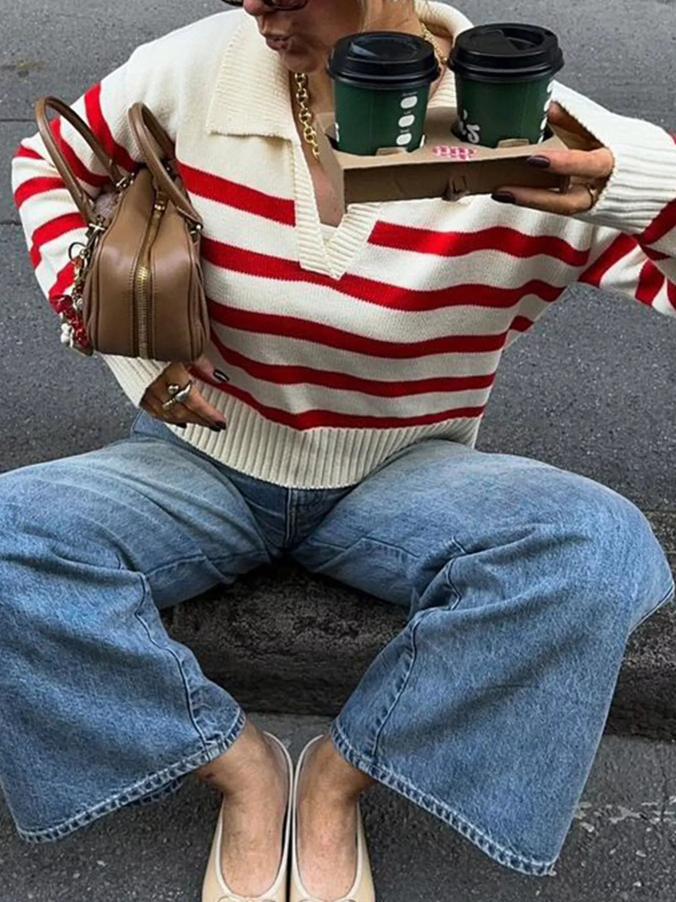 Striped Knit Polo Collar Sweater