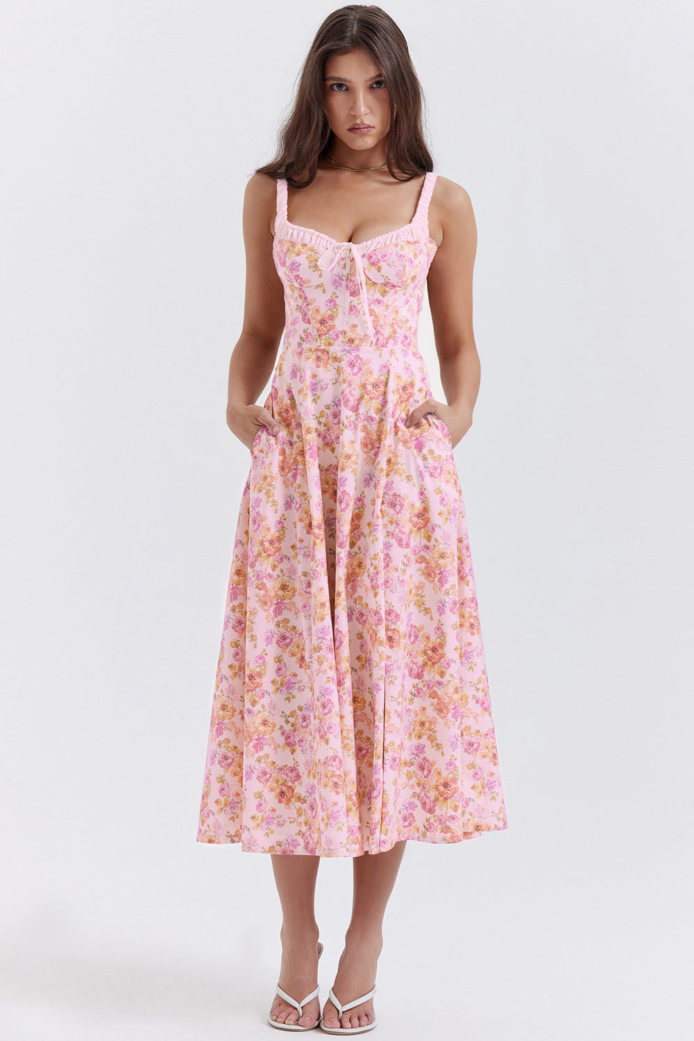 Spring Summer Women Printed Cami Dress Sexy Backless Slit Mid Length Dress for Women Orange Printing