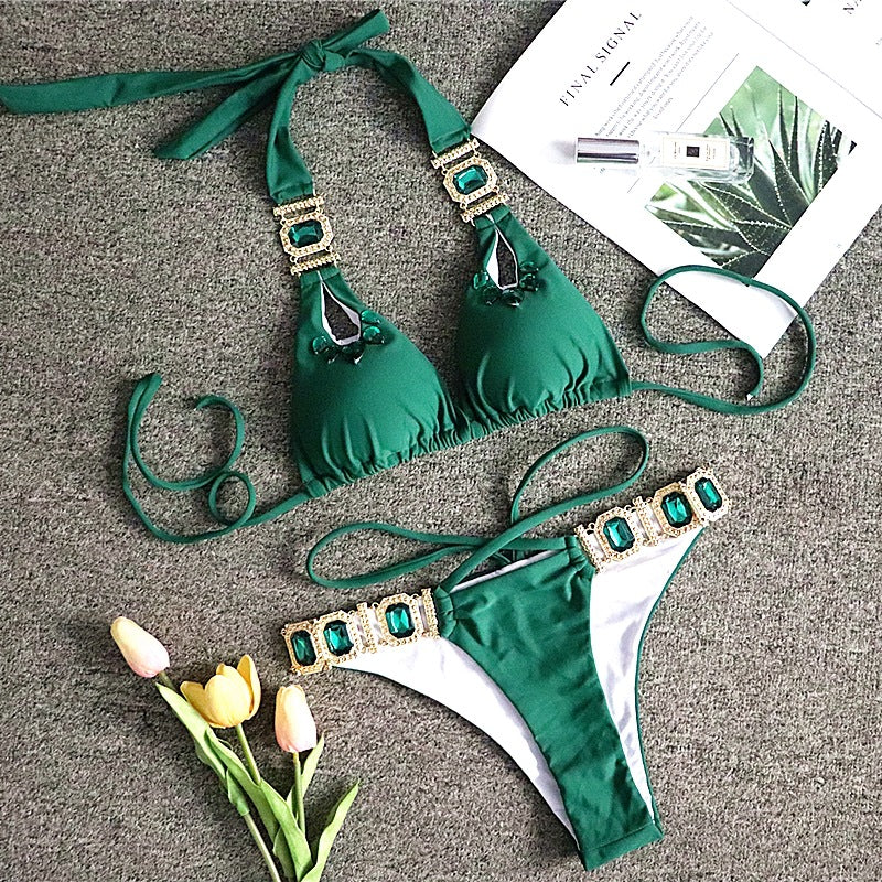 Bikini Sexy Crystal Diamond Bandage Solid Color Split Women Swimsuit Green