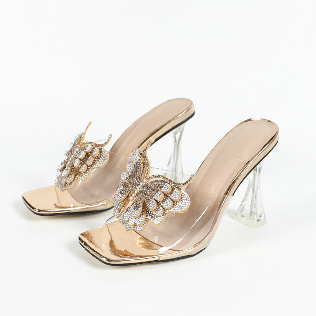 Arrival Bow Rhinestone Slippers High Heel Open Toe Women Transparent Crystal Heel plus Size Sandals Gold