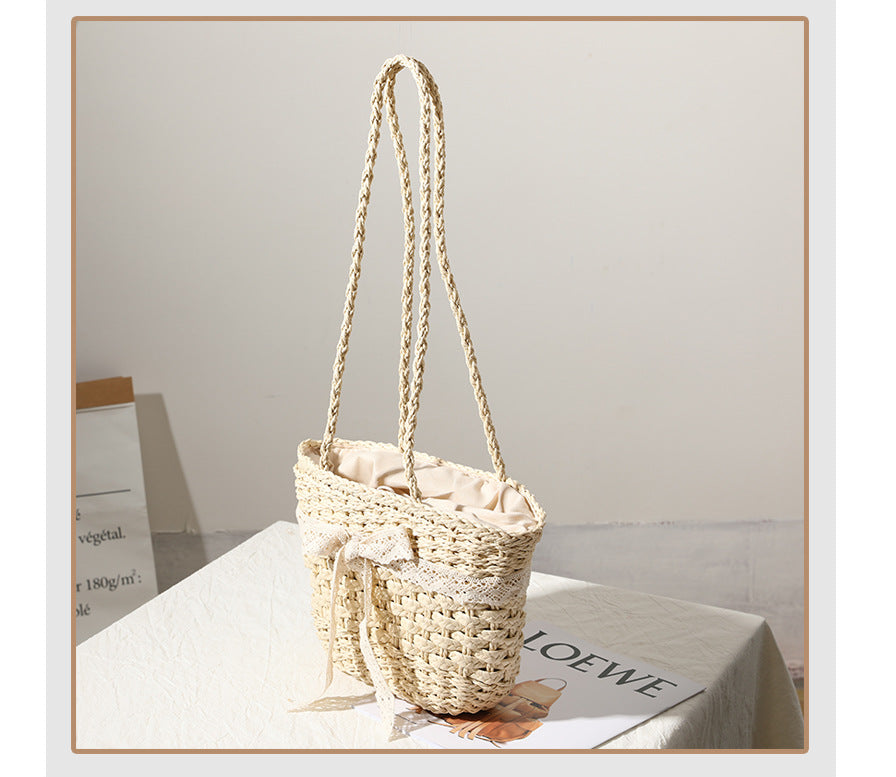 Straw Bag Lace Bow Woven Bag Fairy Seaside Vacation Beach Bag Women Bag One Size Cream