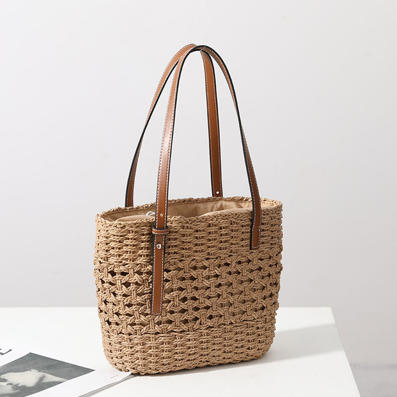 Straw Woven Bag Women Hollow Out Cutout Handmade Straw Bag Woven Bag Shoulder Portable Straw Weaved Bag Seaside Vacation Beach Bag One Size Brown