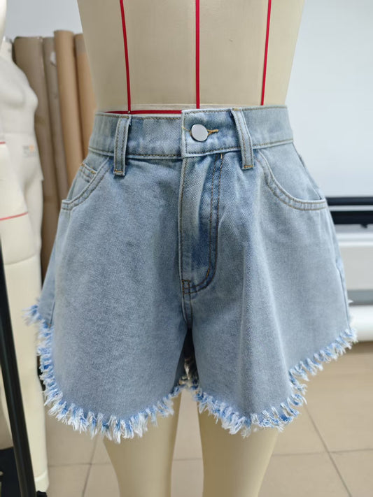 Women Elastic Waist Fur Edge Umbrella Type Denim Shorts Light Blue