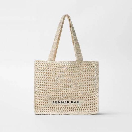 Summer Fairy Hollow Out Cutout out Straw Bag Niche One Shoulder Portable Letter Graphic Woven Bag Women Seaside Vacation Beach Bag One Size Cream