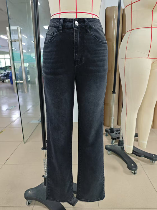 Women Micro Elastic Black Straight Denim Trousers Black