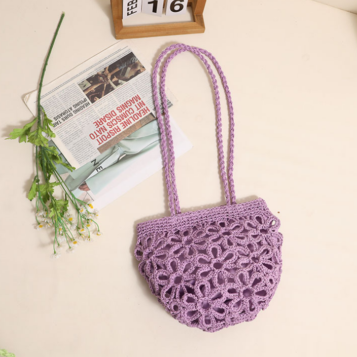 Hollow Out Cutout Floral Shoulder Straw Bag Summer Handmade Straw Bag Woven Bag Vacation Beach Bag Women Bag One Size Spherical Flower Purple