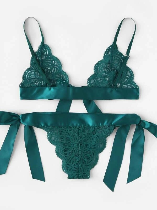 Split Cut Ruffled Sexy Lace Strap Three-Point Sexy Lingerie blackish green