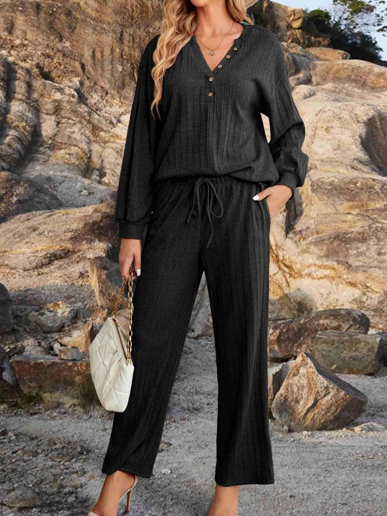 Ribbed Knit Top and Pants Lounge Set with Button Detail