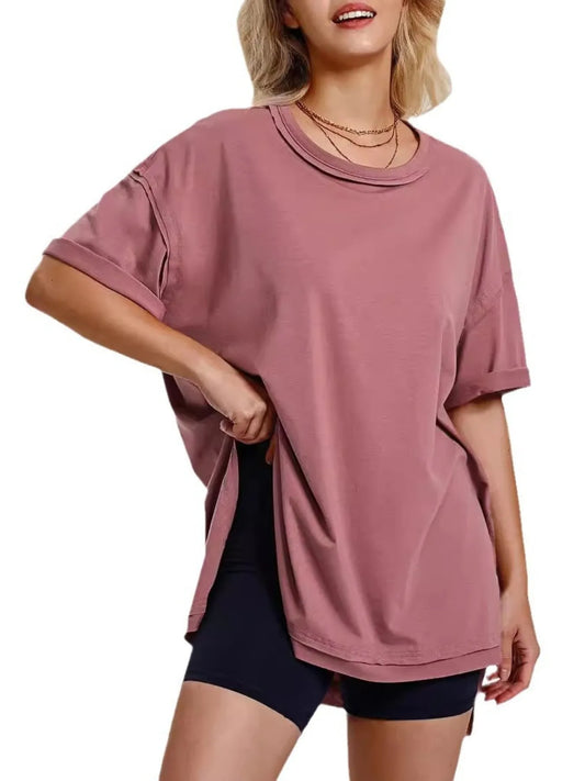 Full Size Oversized Drop Shoulder Side Slit T-Shirt Plus Size