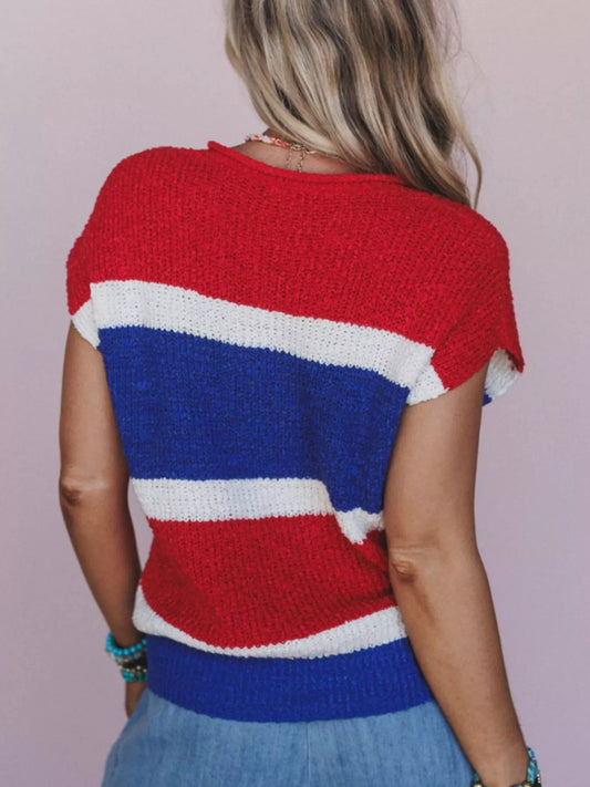 Striped Notched Short Sleeve Sweater