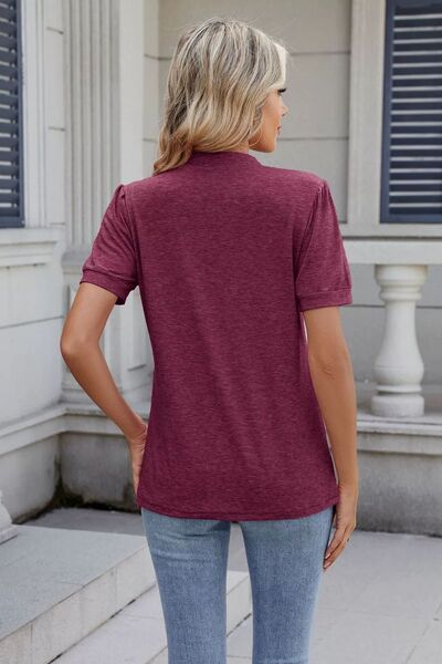 Notched Short Sleeve Solid Color Top