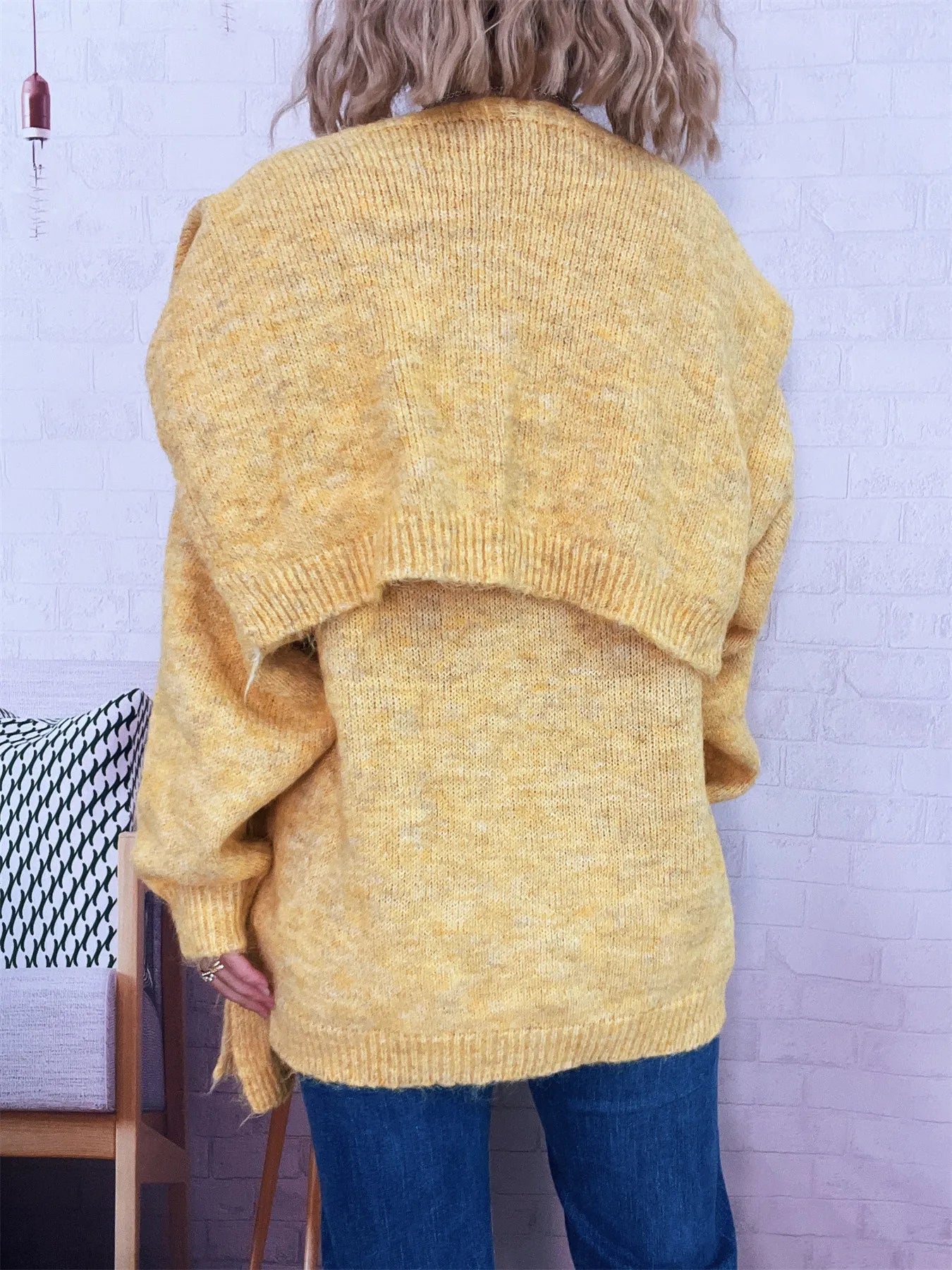 Ribbed Hem V-Neck Sweater with Shawl
