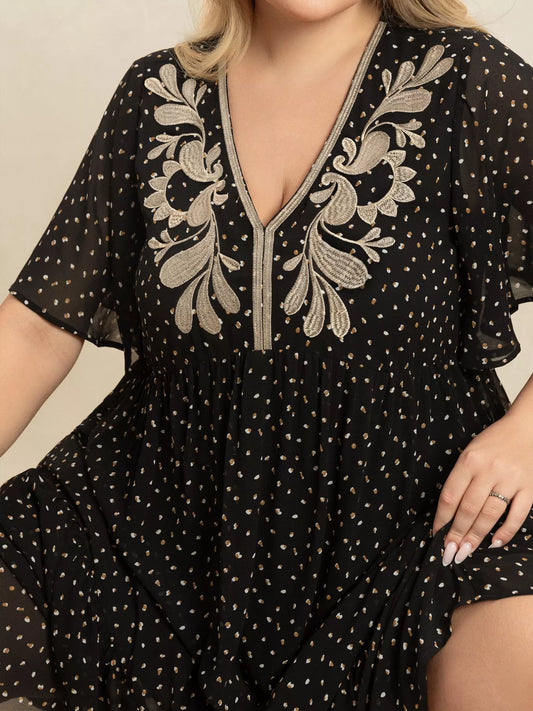 Plus Size Printed V-Neck Flutter Sleeve Maxi Dress