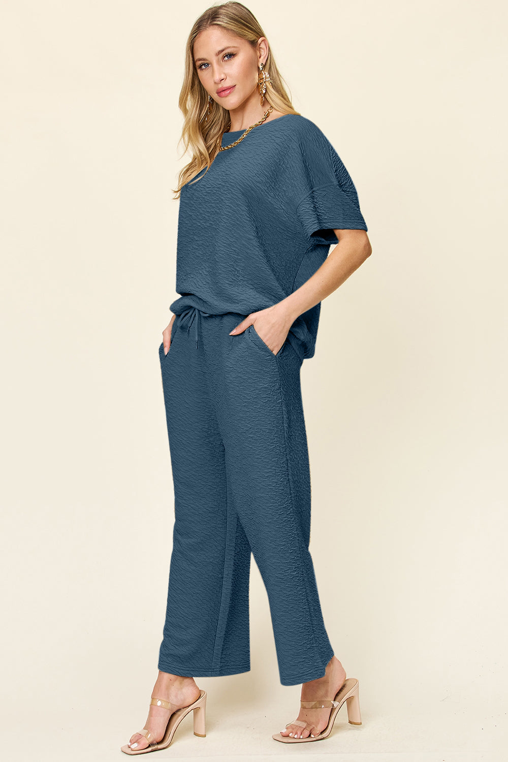 Textured Knit Short Sleeve Top and Pants Set Deep Teal