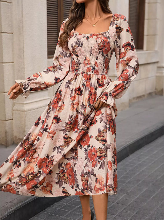 Smocked Floral Print Flounce Sleeve Dress