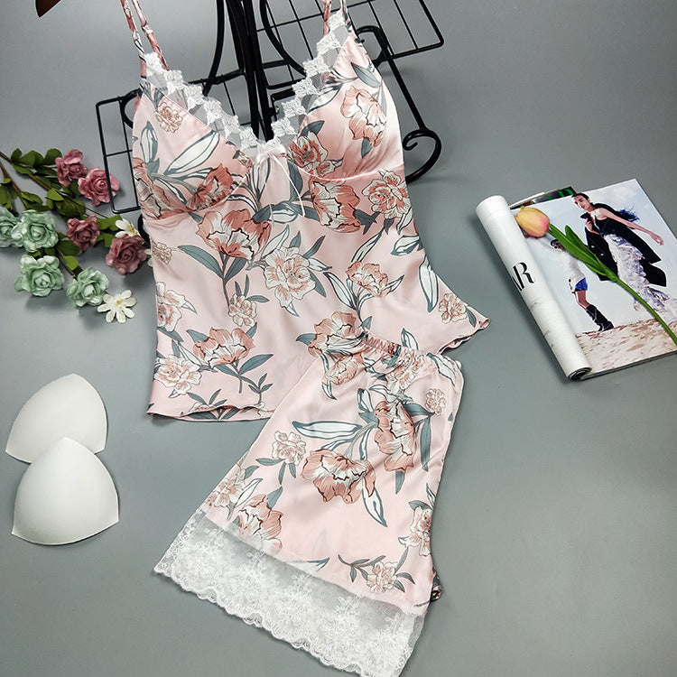 Artificial Silk Super Long Sexy Home White Suit Nightdress Pink Floral