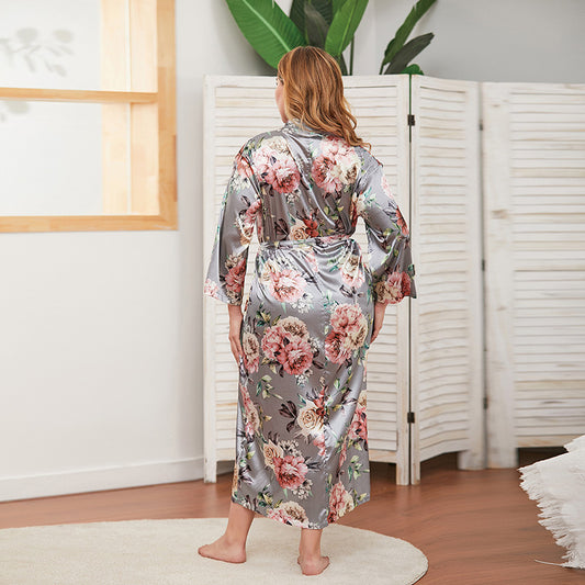 Plus Size Spring Autumn Artificial Silk Women Thin Long-Sleeved Home Wear Can Be Worn outside Nightgown