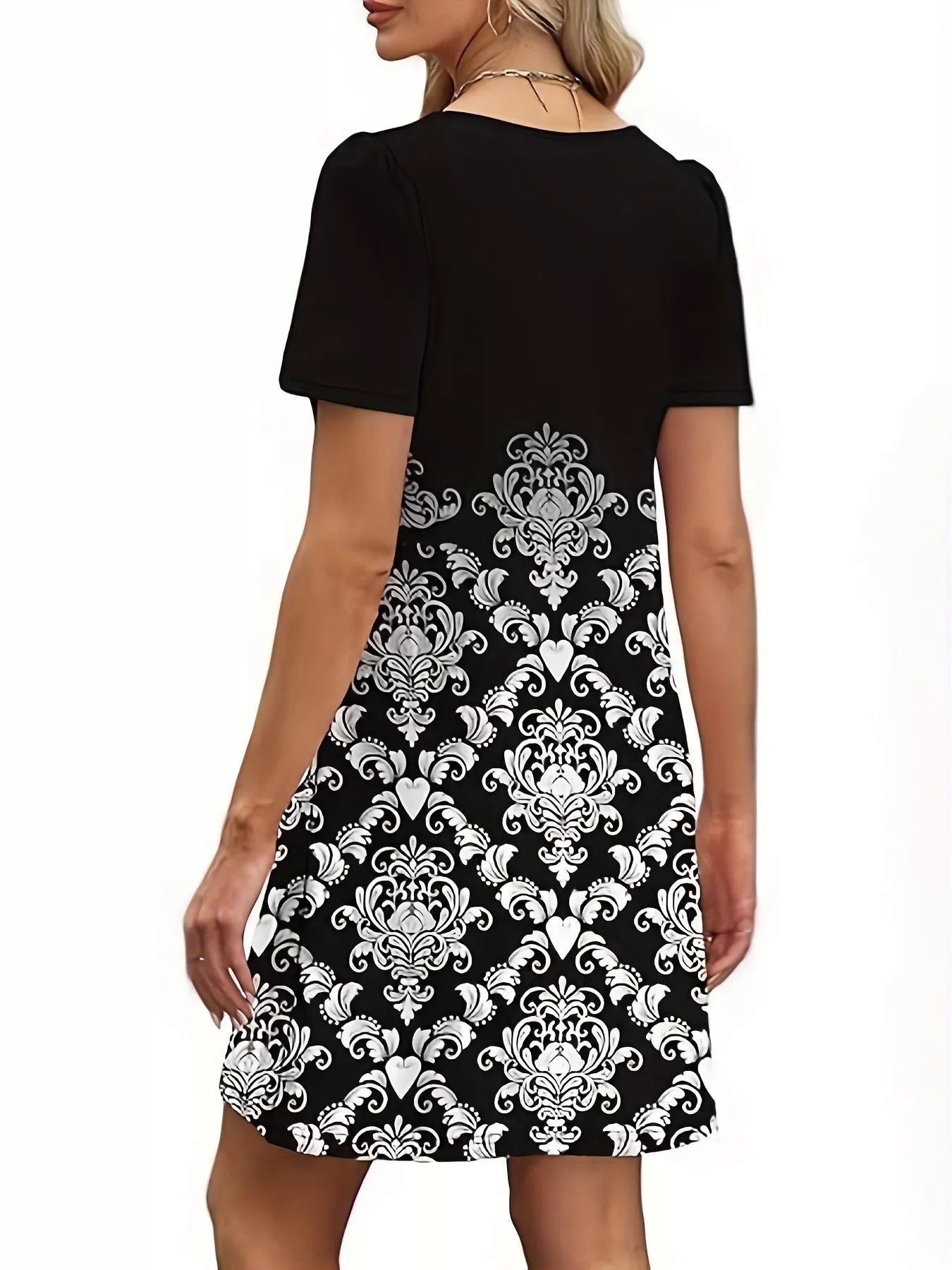 Printed Round Neck Short Sleeve Dress