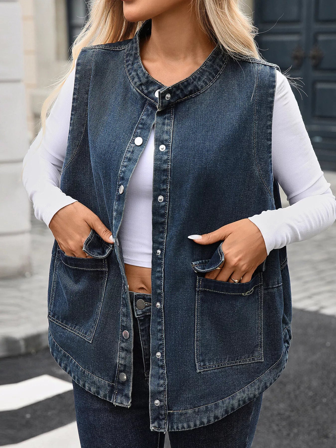 Snap Down Sleeveless Denim Jacket
