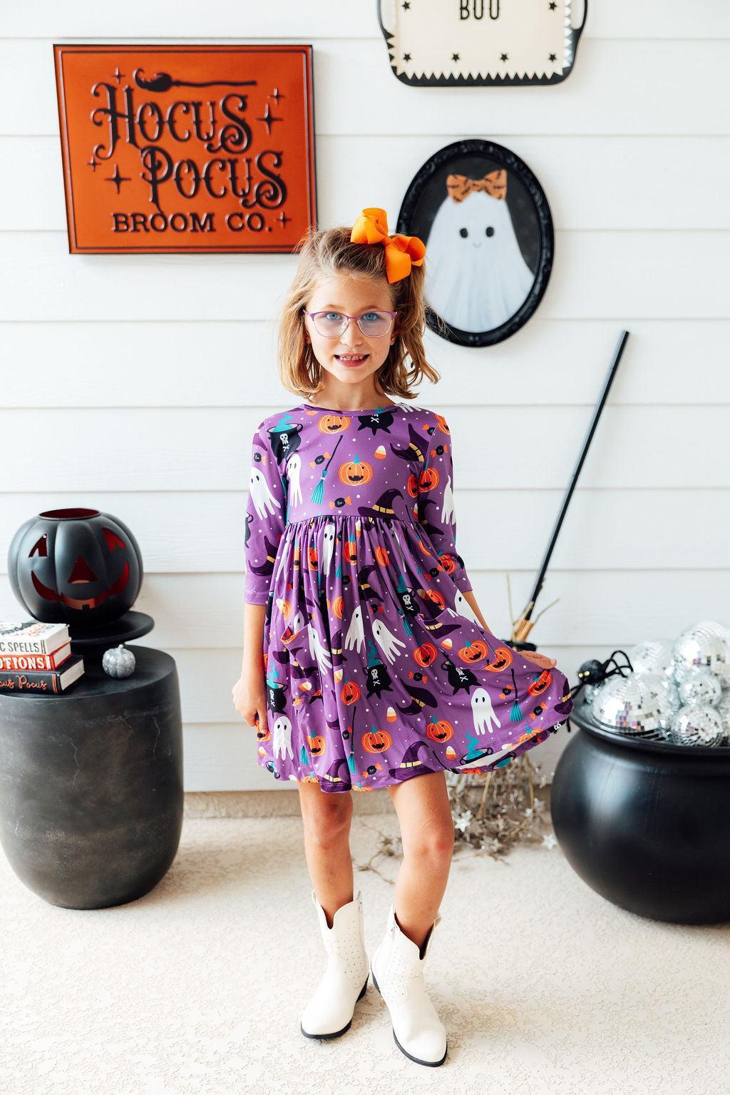 No Tricks, Just Treats 3/4 Sleeve Pocket Twirl Dress