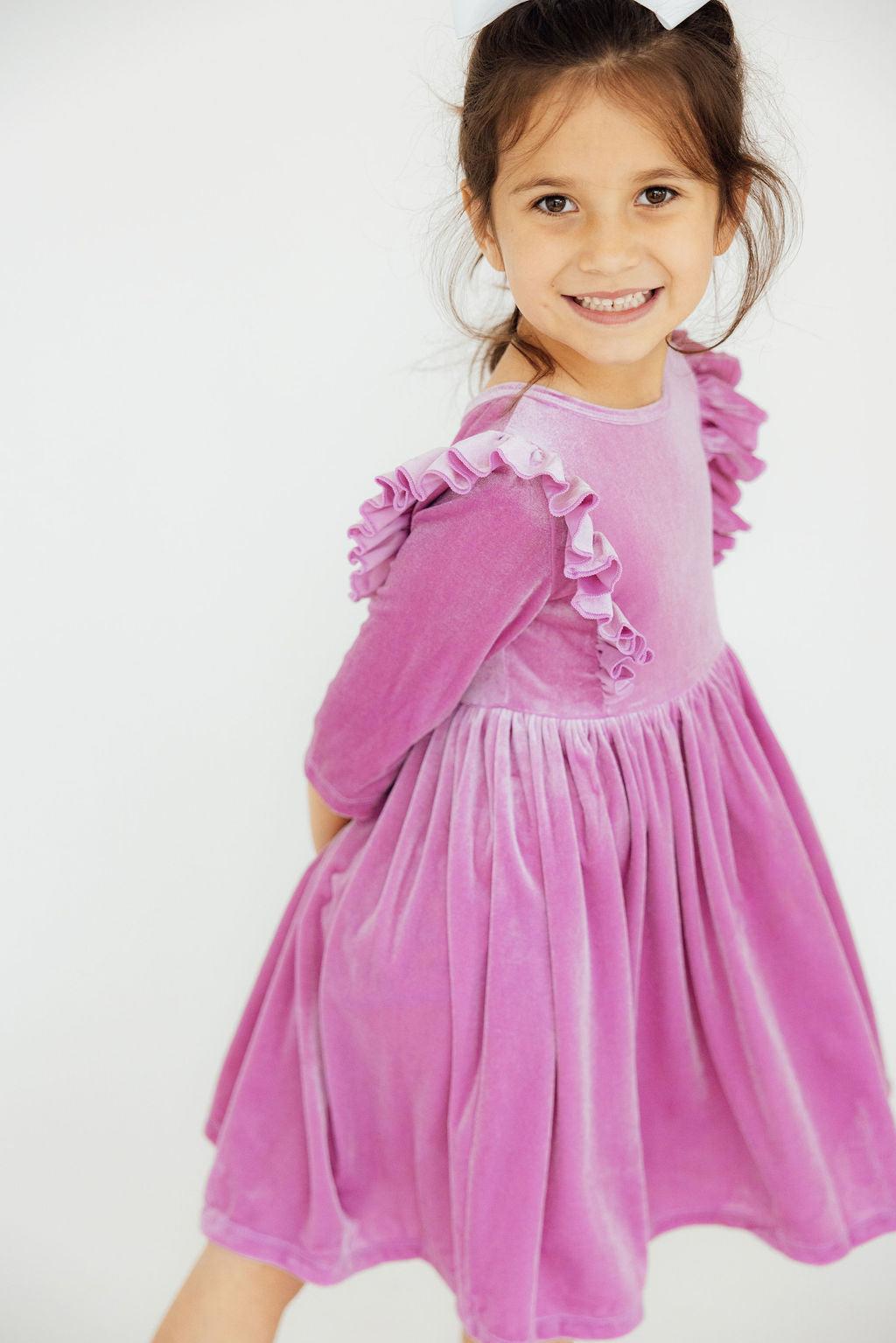 Carnation Pink Velvet Ruffle Twirl Dress