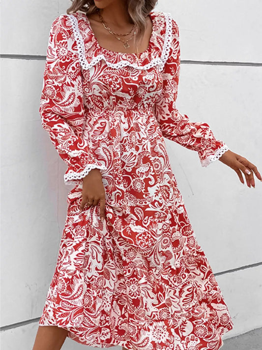Printed Square Neck Long Sleeve Dress