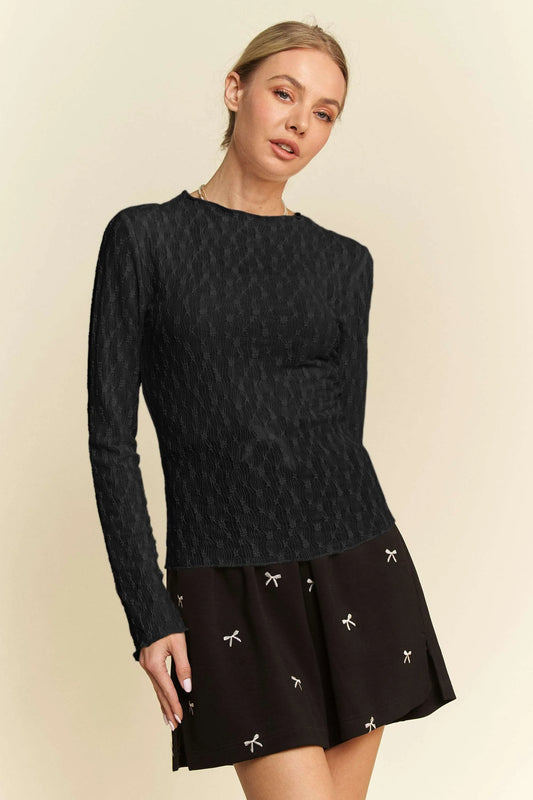 Davi & Dani Long Sleeve Sheer Small Embroidered Bows Lace Top