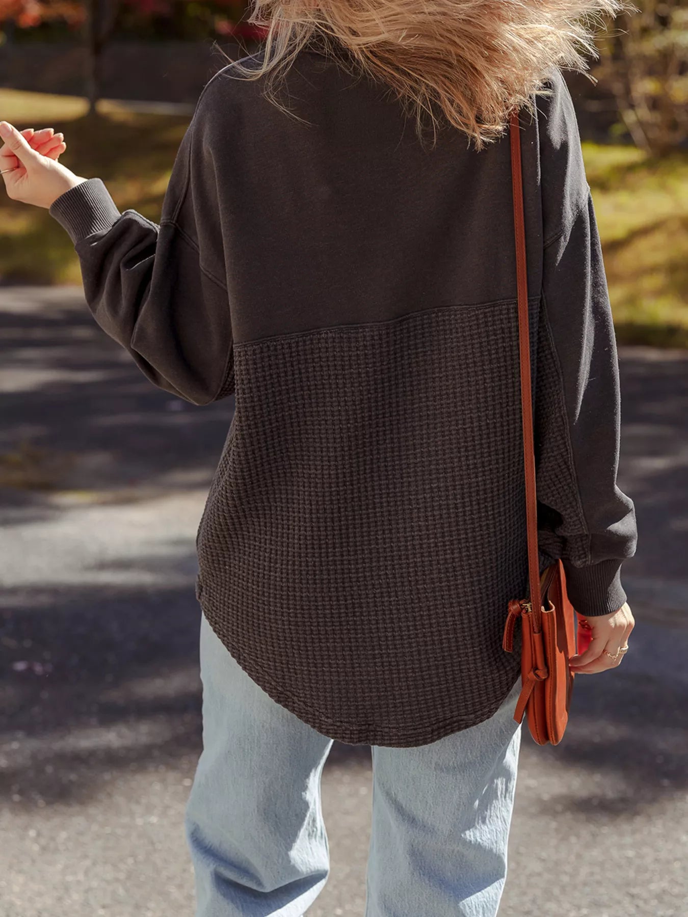 Waffle Knit Patchwork Half Zipped Casual Sweatshirt