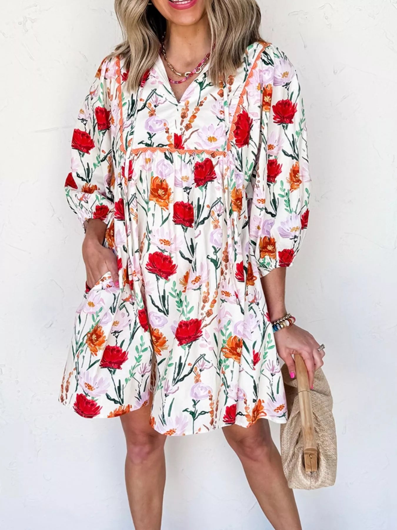Floral Print 3/4 Sleeve Mini Dress