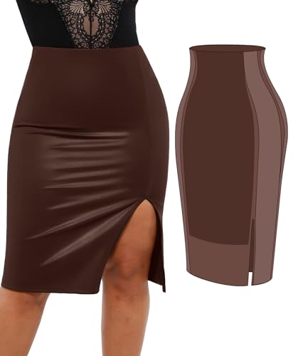 Popilush Shapewear Faux Leather Skirts with Built in Shapewear Tummy Control High Waist Midi Skirt with Shaper for Women Chocolate Brown