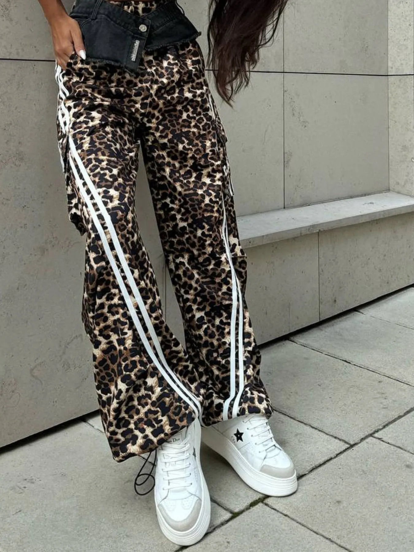 Leopard Print Wide Leg Pants with Side Stripe Detail