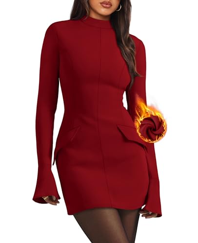 Christmas Party Dress - OFEEFAN Womens Fall Long Sleeve Mock Neck Dress Basic Party Club Bodycon Mini Dresses Wine