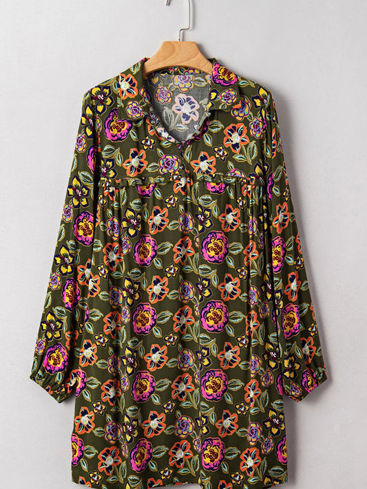 Floral Print Split Neck Bubble Sleeve Shift Mini Dress