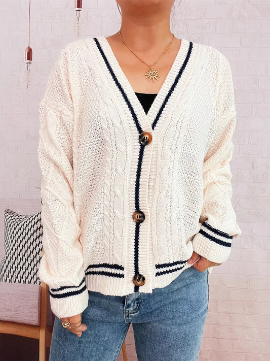 Star Pattern Button-Up Cardigan with Contrast Trim
