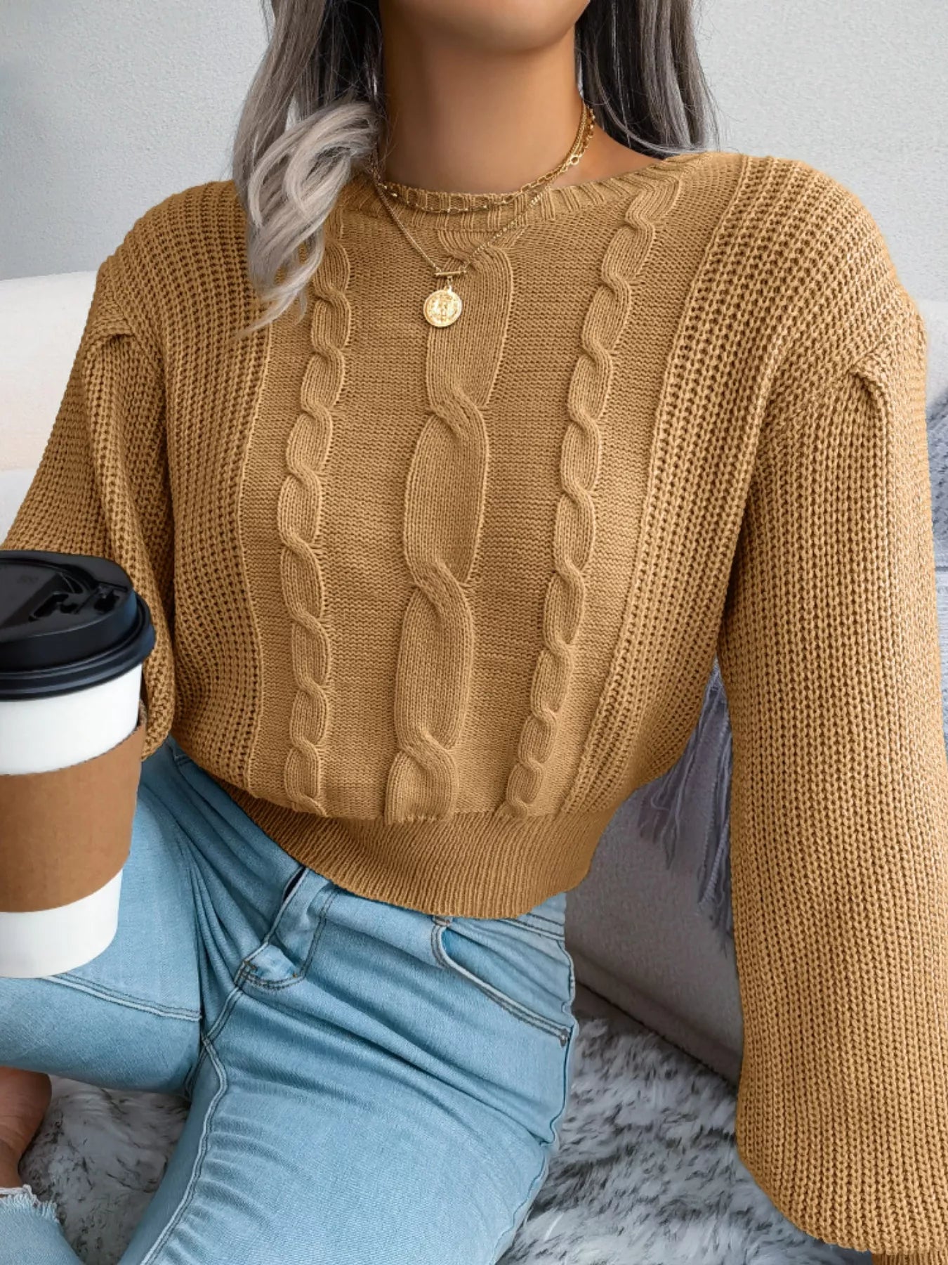 Cable Knit Round Neck Cropped Sweater