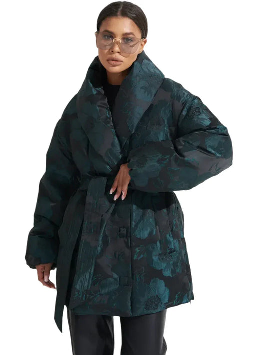 Monochrome Jacquard Down Coat in Vintage Emerald
