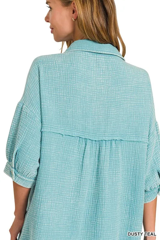 Zenana Washed Double Gauze Button Down Shirt Dress