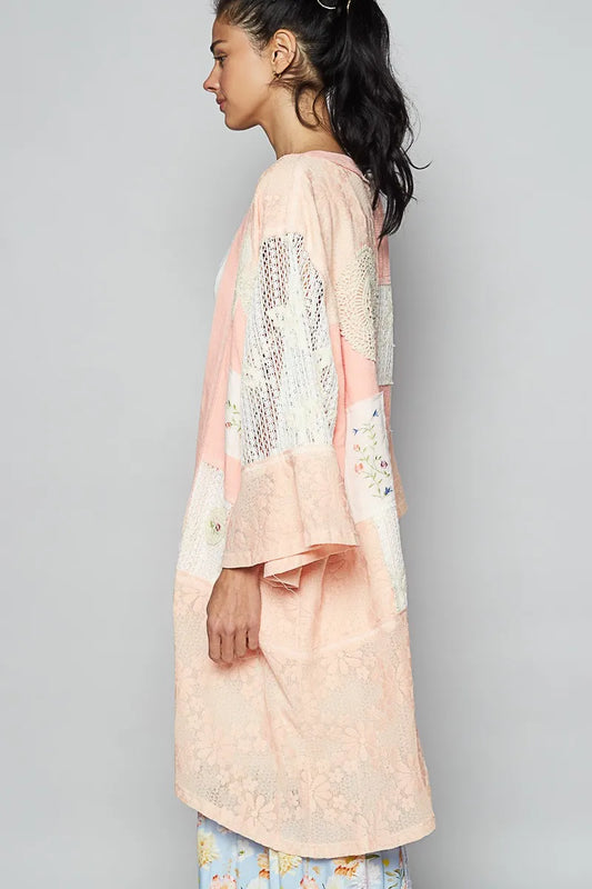 POL Double Gauze and Lace Mix Cardigan with Embroidered Detail