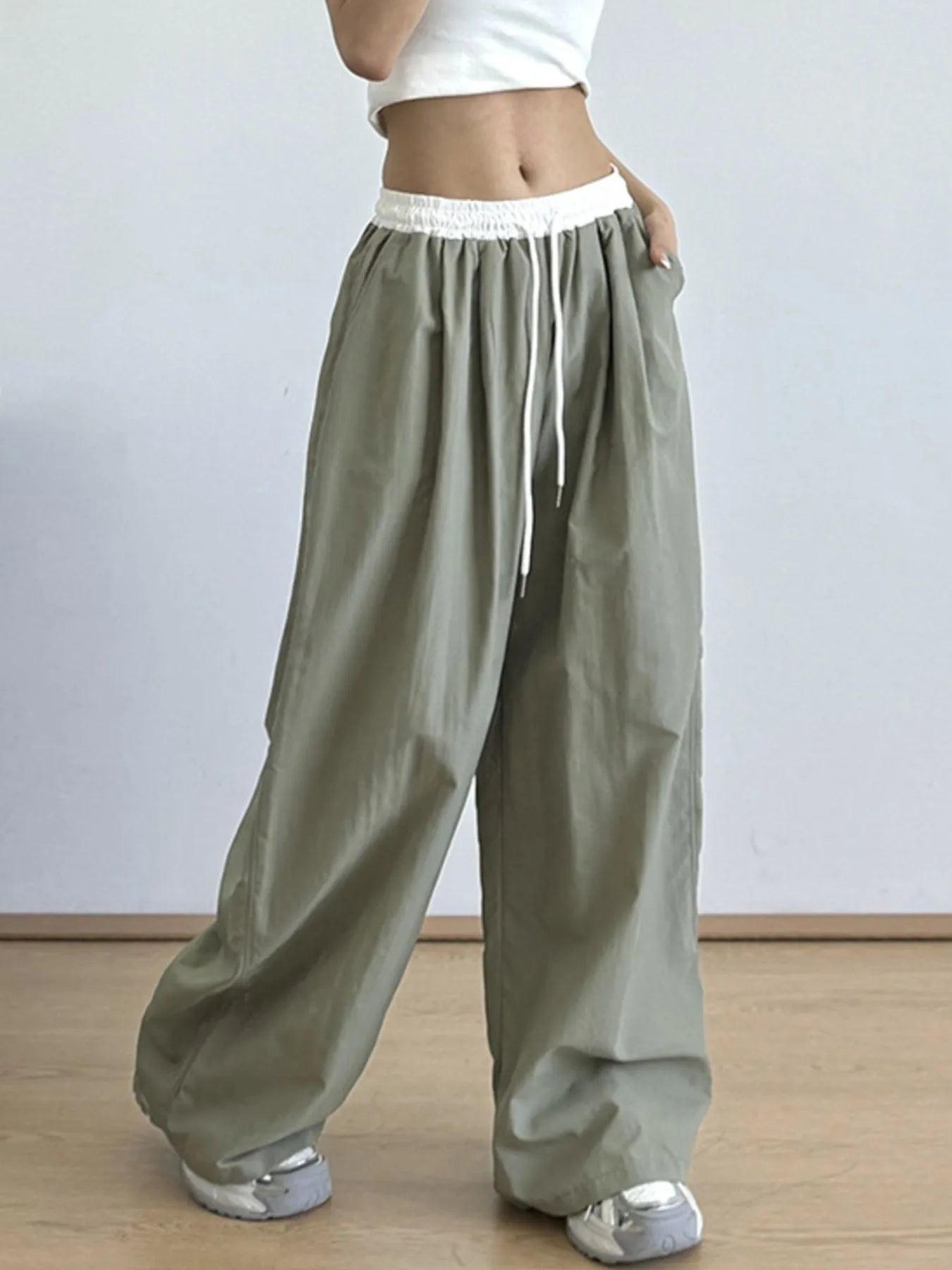 Wide Leg Drawstring Casual Pants Green Lengthening