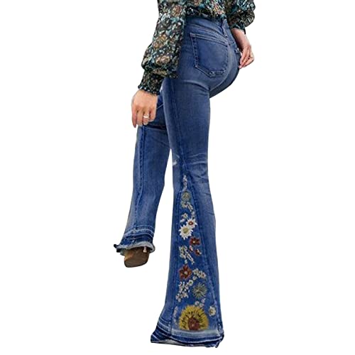Rfm Jeans - Womens Floral Embroidered Flare Bell Bottom Jeans Stretch Western Bootcut Jeans Long Denim Pants Dark Blue