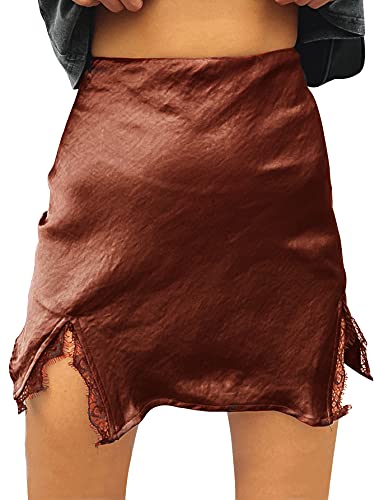 Cream Satin Skirt Outfit - LYANER Womens Satin Lace Trim Split Slit Hem Zipper High Wasit Mini Short Skirt Rust Brown
