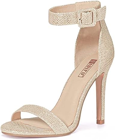 Women's Dressy Stiletto Heeled Sandals – Open Toe Ankle Strap Heels for Wedding, Party, or Homecoming Gold Glitter